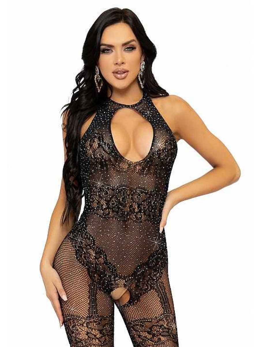 Intimo De Caro Calzature | Bodystocking 89305 In Micro Rete Con Strass Nero