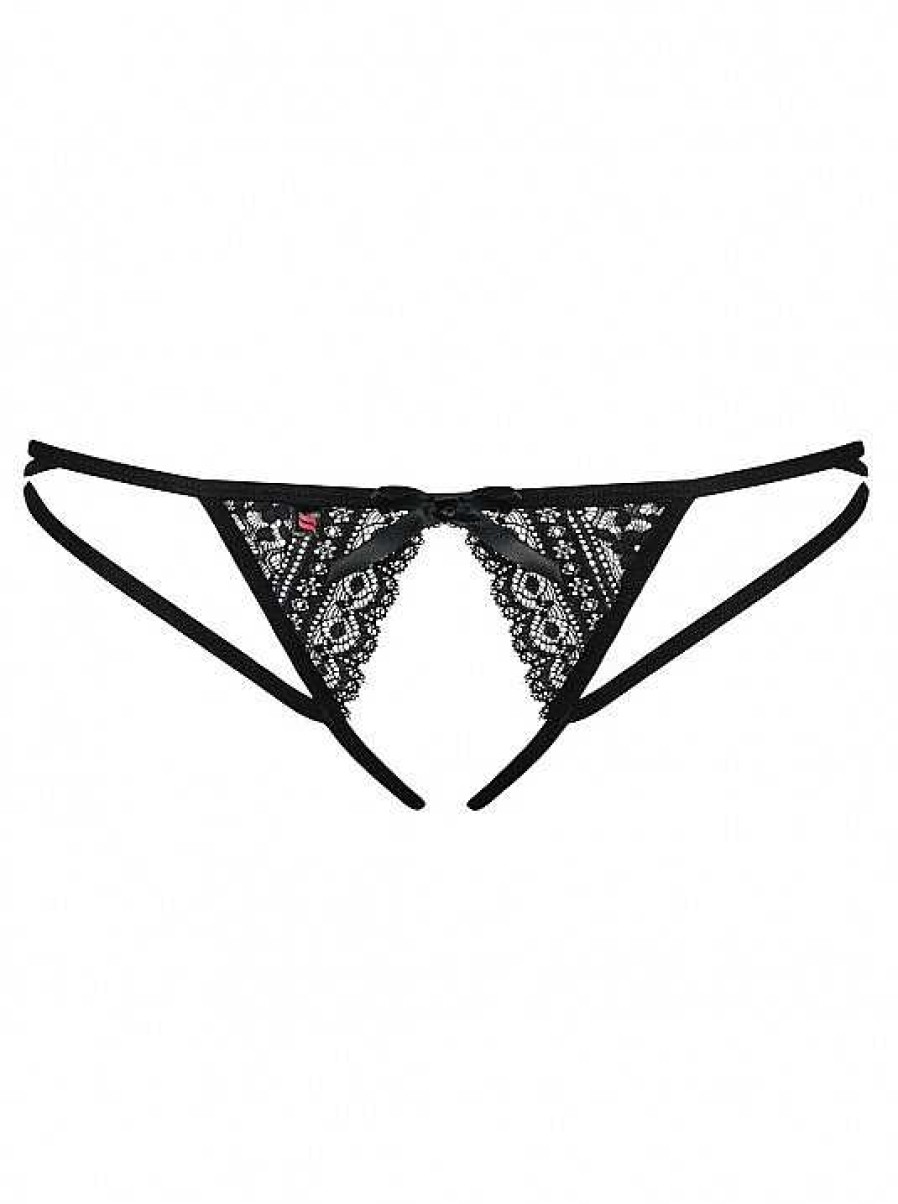 Intimo De Caro Calzature | Tanga Aperto Picantina Slip Con Stringhe E Fiocco In Raso Obsessive Nero