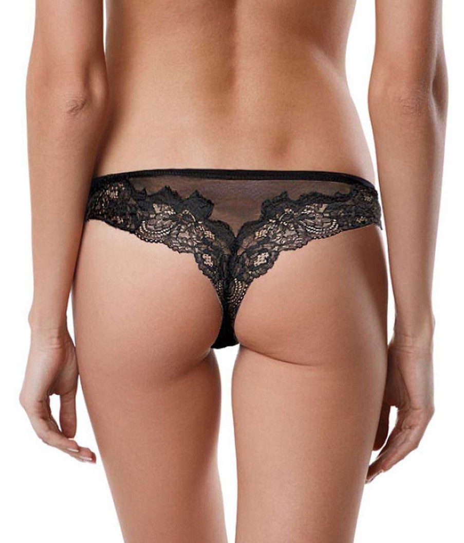 Intimo De Caro Calzature | Brasiliana Saten Lormar Slip In Microfibra Tulle E Pizzo Nero