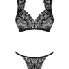 Intimo De Caro Calzature | Set Intimo Elisetta Coordinato In Pizzo Floreale E Finitura Glitter Nero