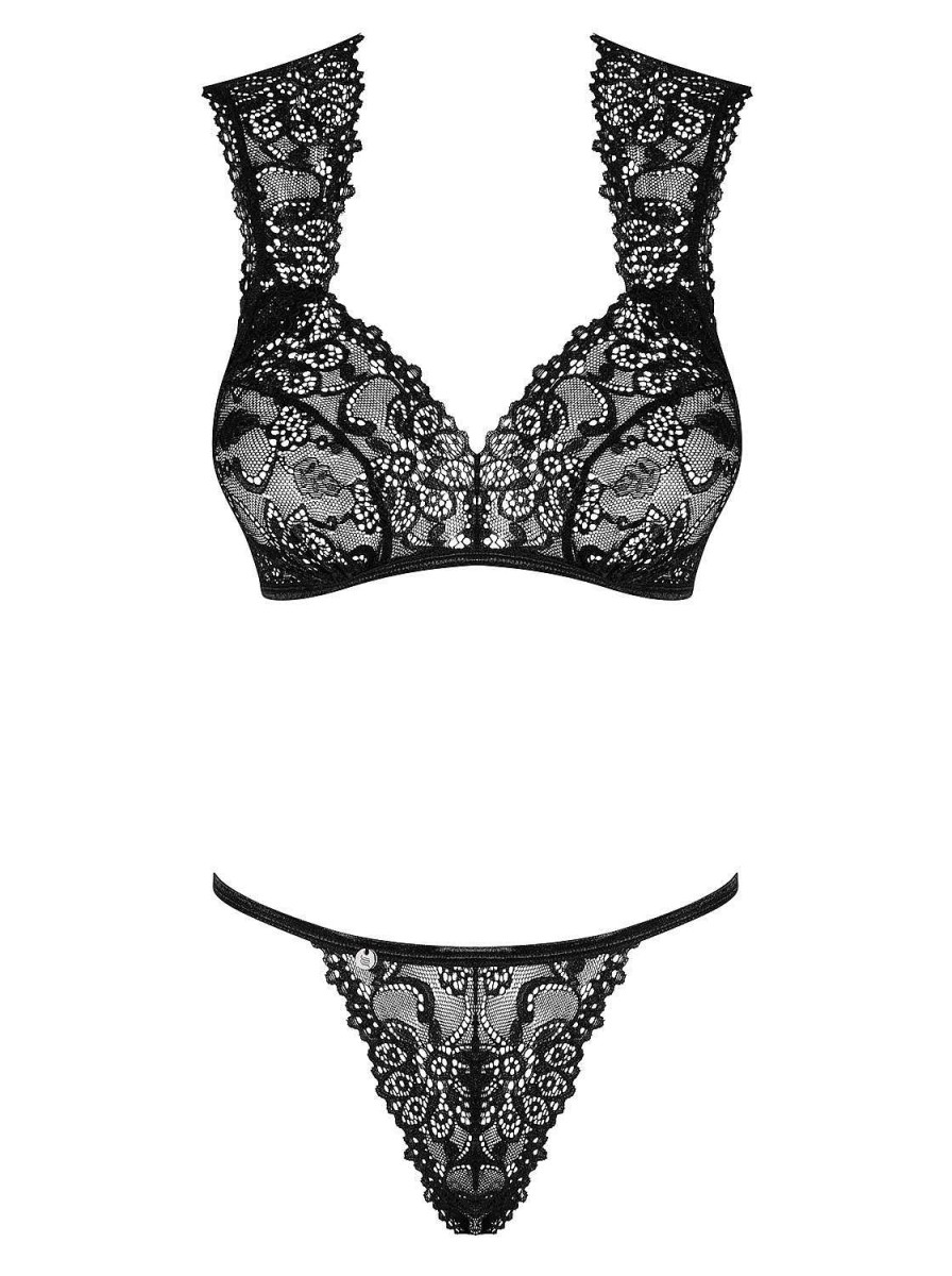 Intimo De Caro Calzature | Set Intimo Elisetta Coordinato In Pizzo Floreale E Finitura Glitter Nero