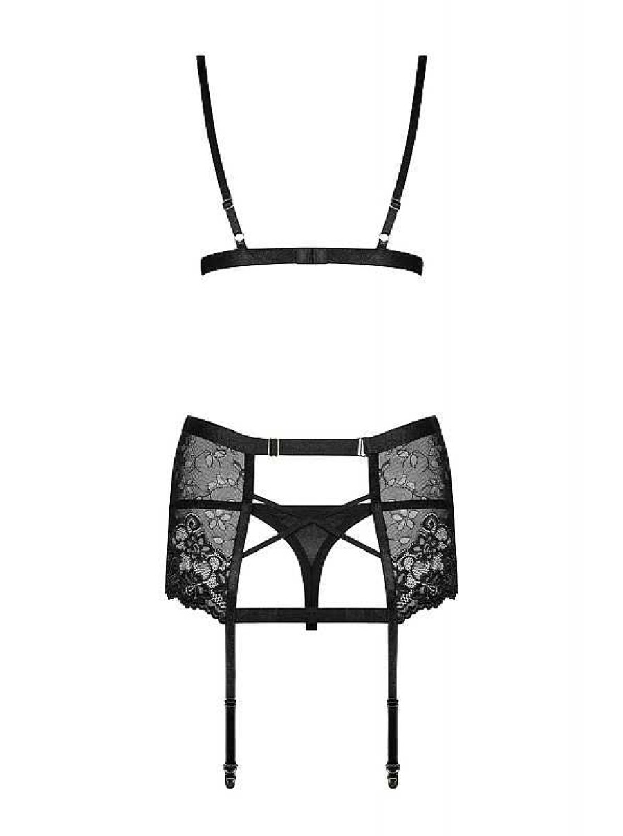 Intimo De Caro Calzature | Coordinato Blanita 3 Pezzi Perizoma, Reggiseno E Reggicalze Nero