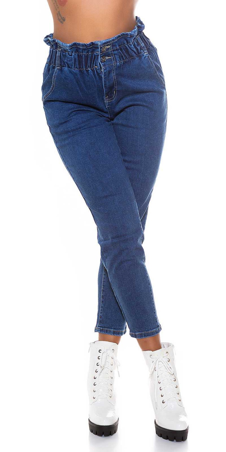 Abbigliamento De Caro Calzature Jeans | Jeans Curly A Vita Alta Modello Paper Bag Con Elastico In Vita Blu-Jeans