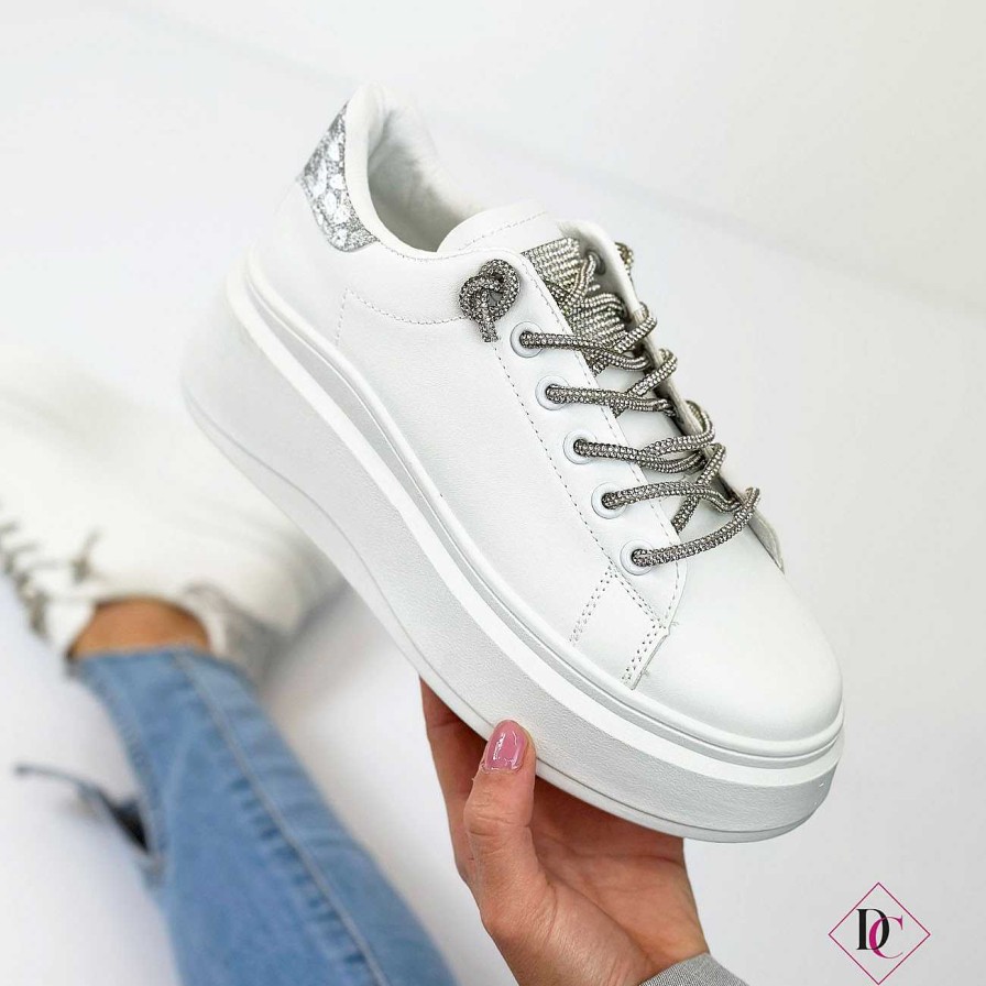 Calzature De Caro Calzature Sneakers | Sneakers Leticia Con Zeppa Alta E Lacci Brillantinati