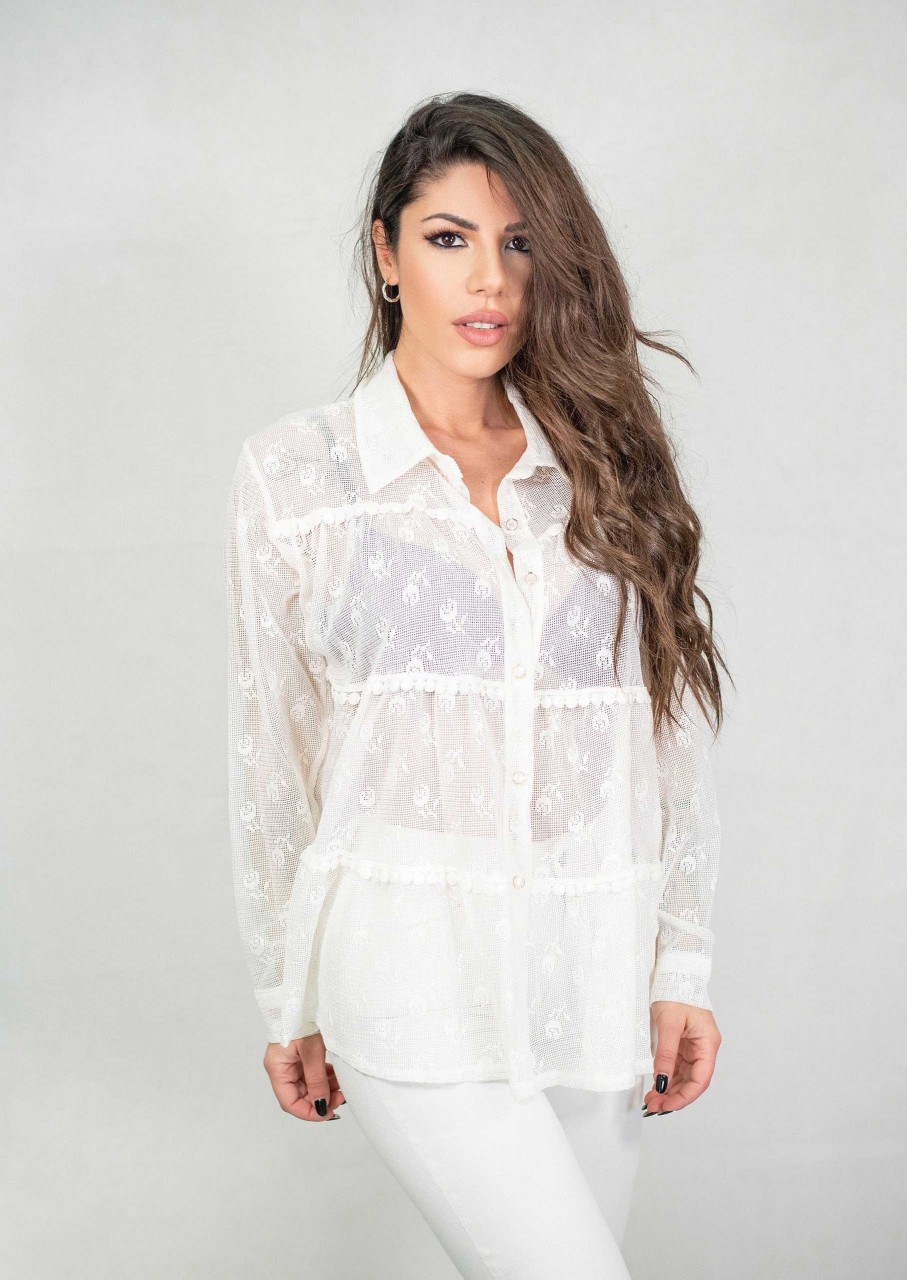 Abbigliamento De Caro Calzature | Camicia Oversize Ginny Elegante Semi Trasparente Maniche Lunghe Bianco