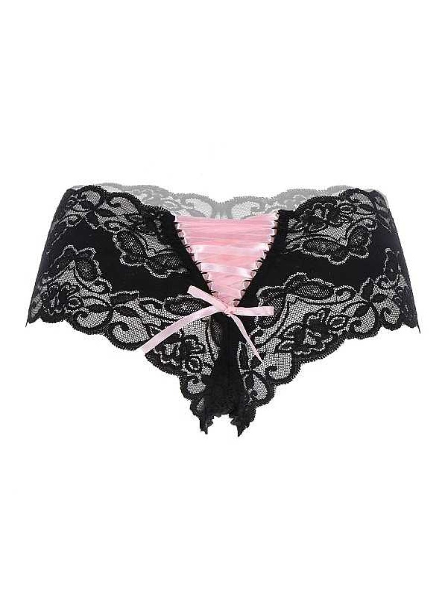 Intimo De Caro Calzature | Shorts Leg Avenue Slip In Pizzo Con Stringhe In Raso Rosa Nero-Rosa