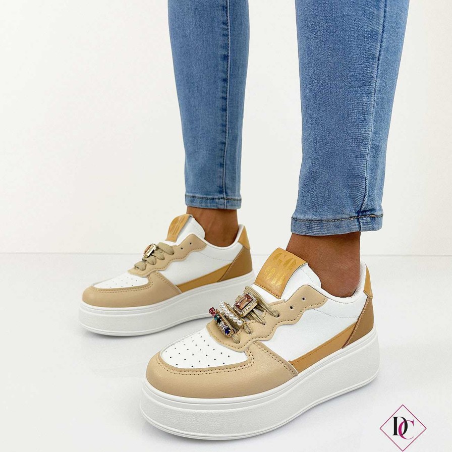 Calzature De Caro Calzature Sneakers | Sneakers Manuelita Con Zeppa Platform Lacci Con Pietre