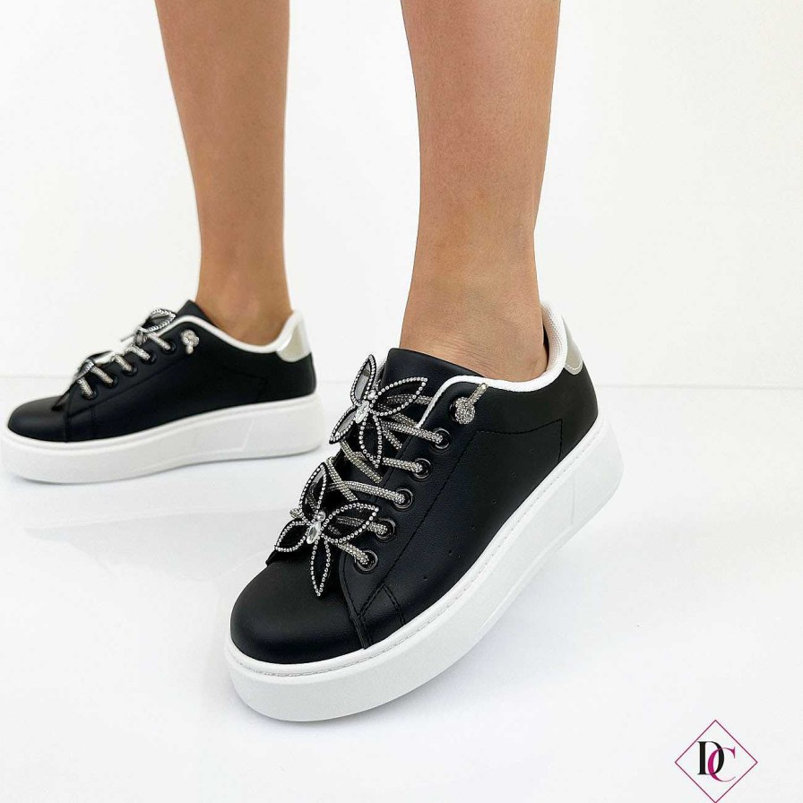 Calzature De Caro Calzature Sneakers | Sneakers Yole Con Zeppa Alta Lacci Glitter E Farfalle