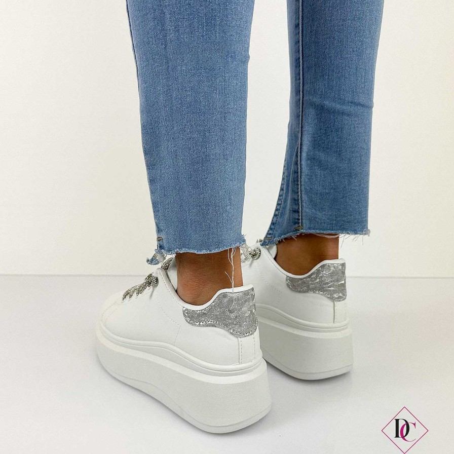 Calzature De Caro Calzature Sneakers | Sneakers Leticia Con Zeppa Alta E Lacci Brillantinati