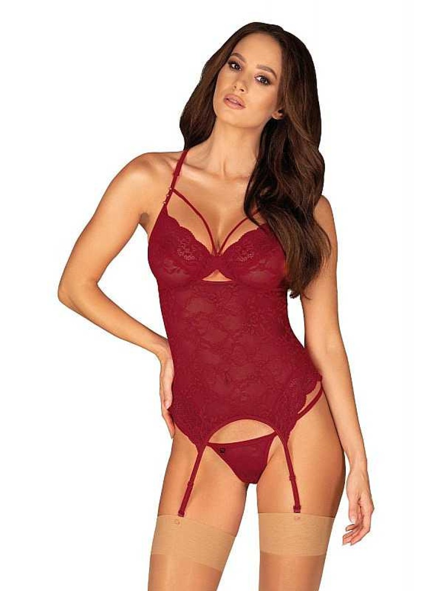 Intimo De Caro Calzature | Corsetto Ivetta Con Perizoma Coordinato In Morbido Pizzo Rosso