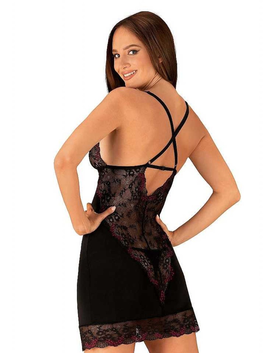 Intimo De Caro Calzature | Chemise Venessme Babydoll Con Inserti In Pizzo Trasparente Nero