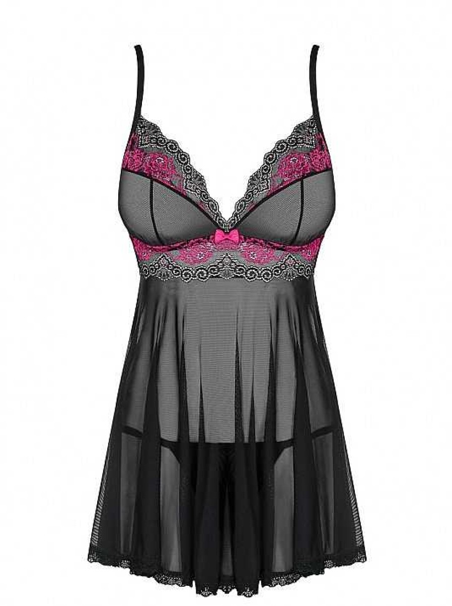 Intimo De Caro Calzature | Babydoll Tulia Semi Trasparente Coppe Morbide E Pizzo Rosa Obsessive Nero-Rosa