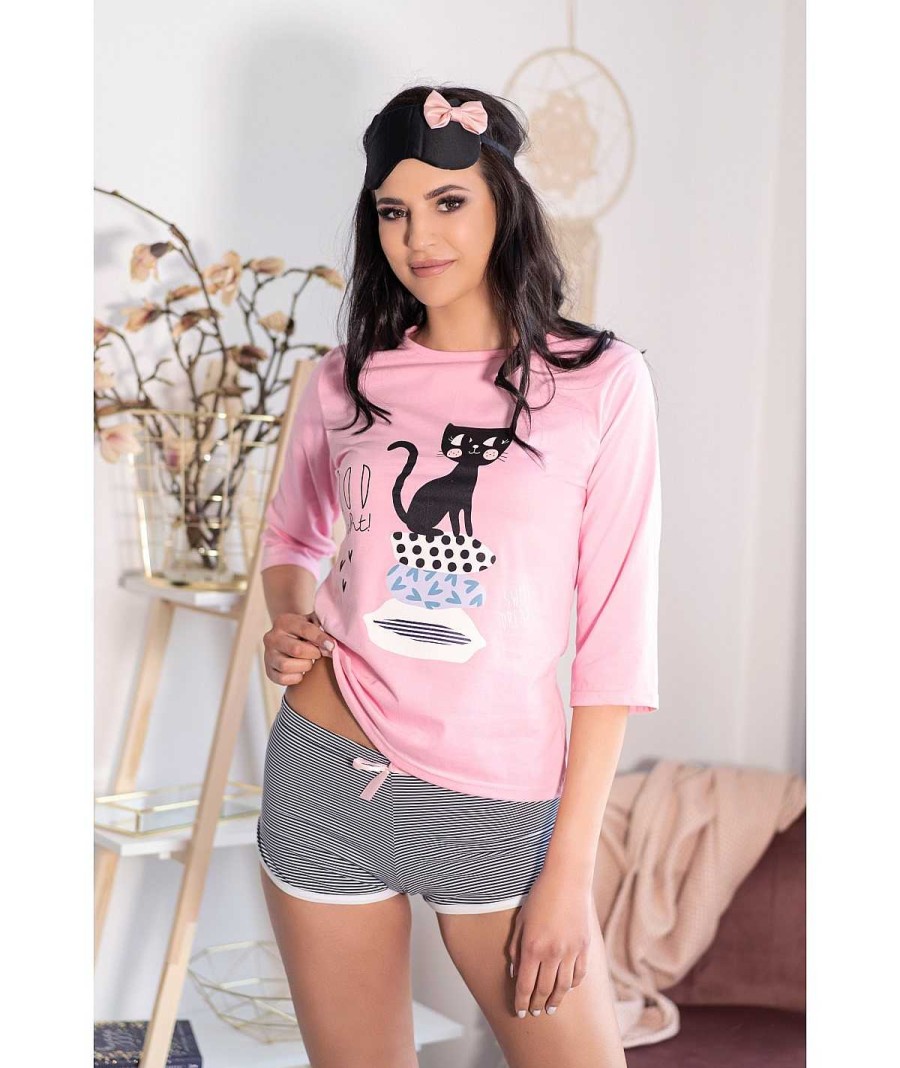 Intimo De Caro Calzature | Pigiama Cat Coordinato T-Shirt Con Manica 3/4 + Shorts Grigio-Rosa